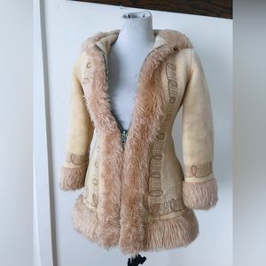 Vintage 60s Embroidered Faux Fur Penny Lane Coat w Hood / Hooded Faux Fur Coat